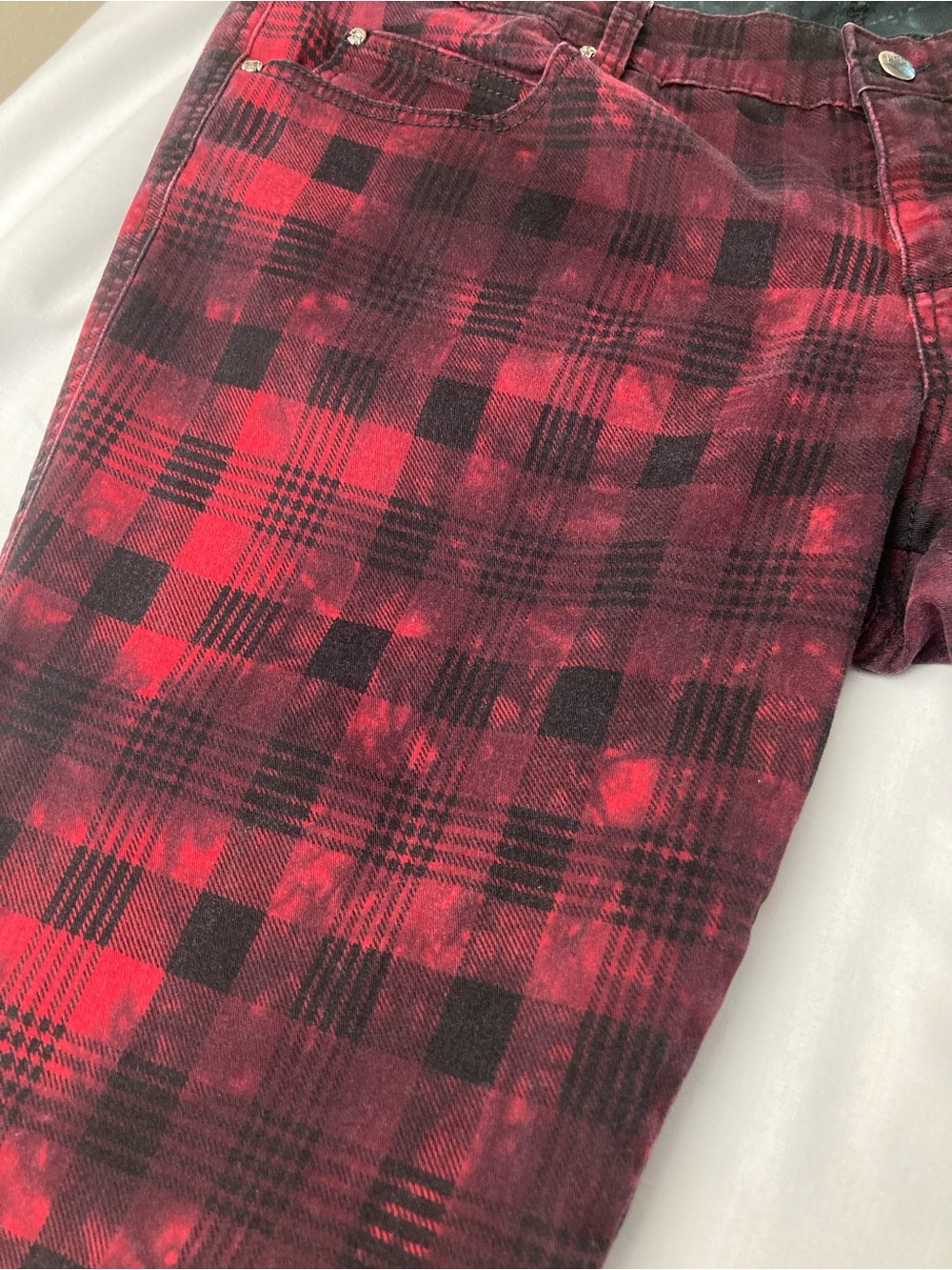 Tripp NYC red plaid distressed tie dye pants jeans Punk grunge goth size 18 - Picture 14 of 16